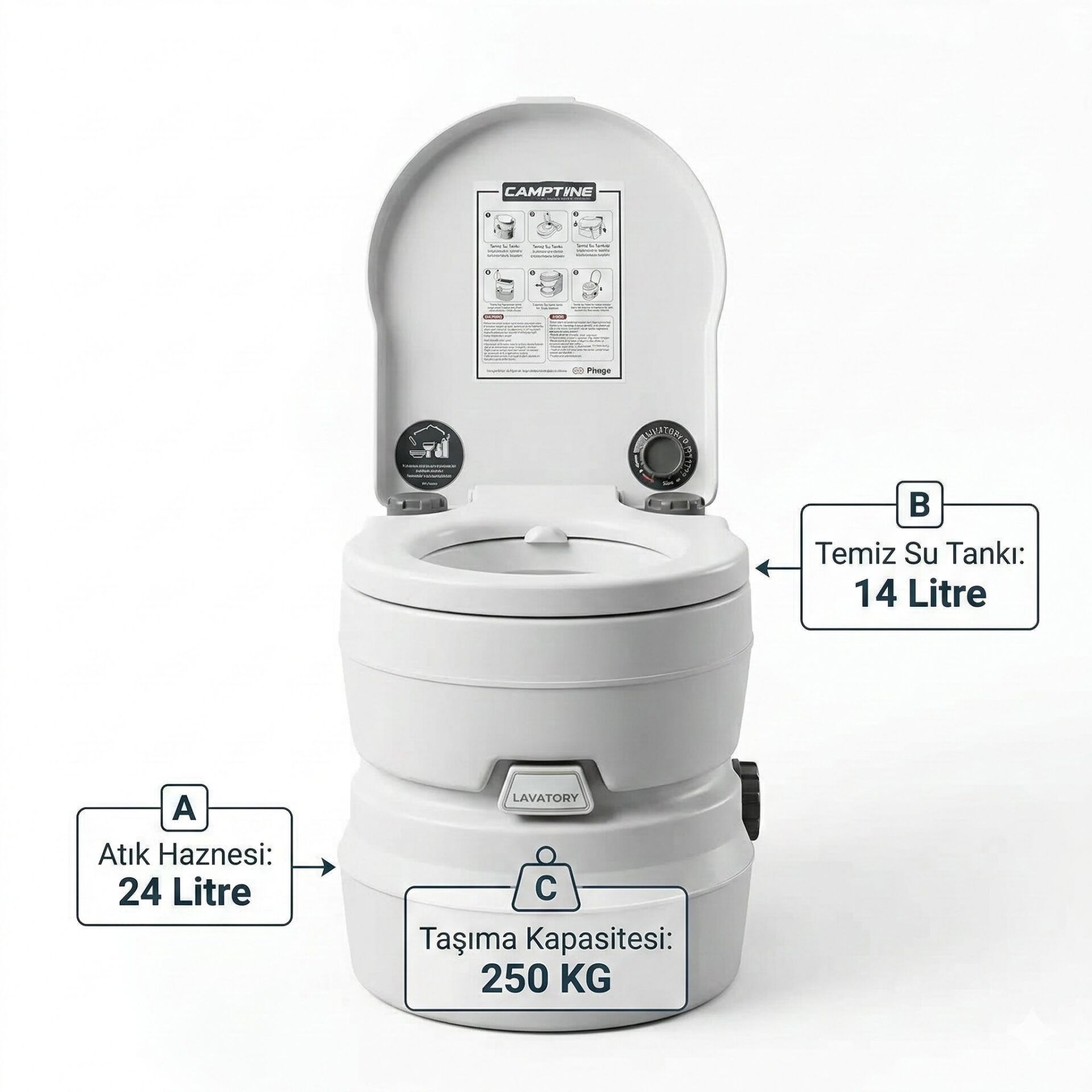 Camptime Pilli Portatif Tuvalet - 24 LT Atık Haznesi - 250 KG Kapasite