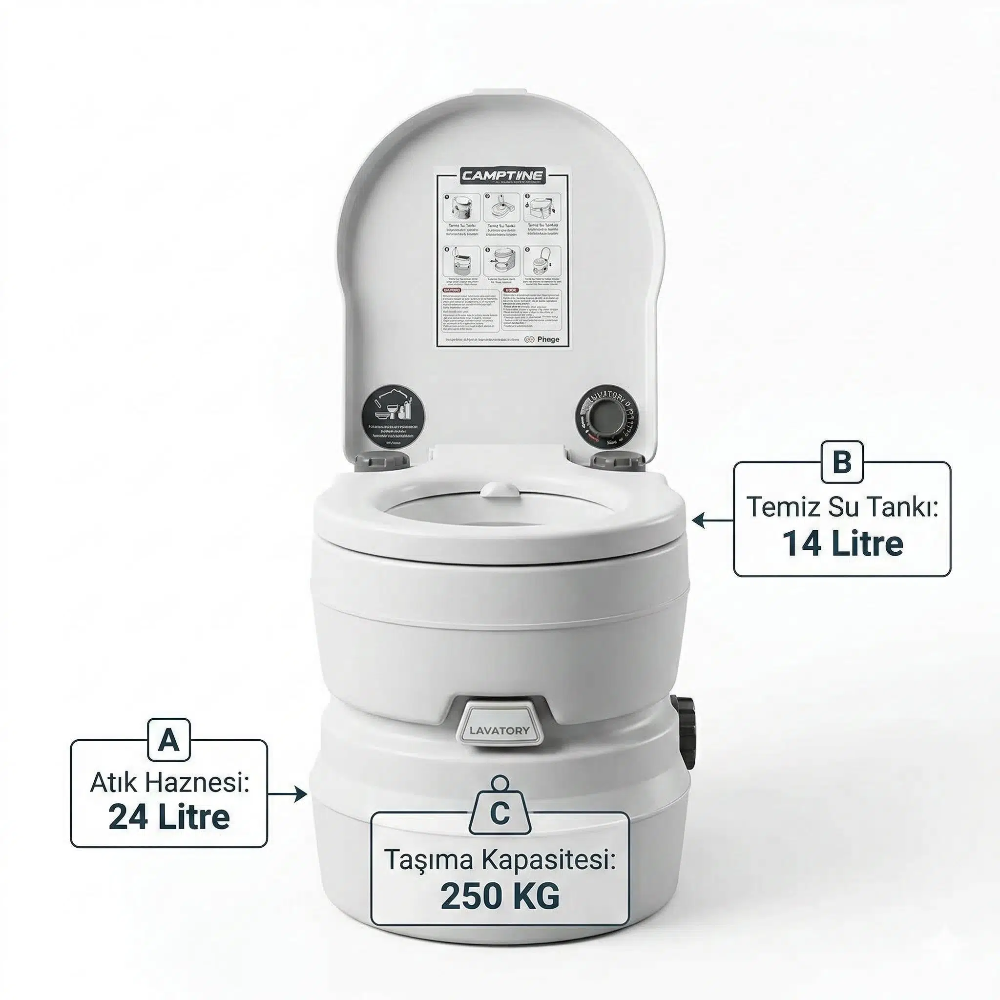 Camptime Pilli Portatif Tuvalet - 24 LT Atık Haznesi - 250 KG Kapasite