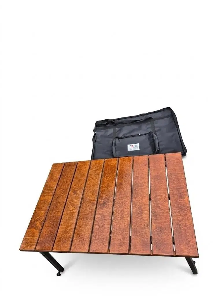KAMPYA Elite Series: 600 Denye Lüks Gürgen Ahşap Kamp Masası (60x90 cm) – 8 Saat Ultra Su Rezistanslı & Elektrostatik Güçlendirilmiş Gövde