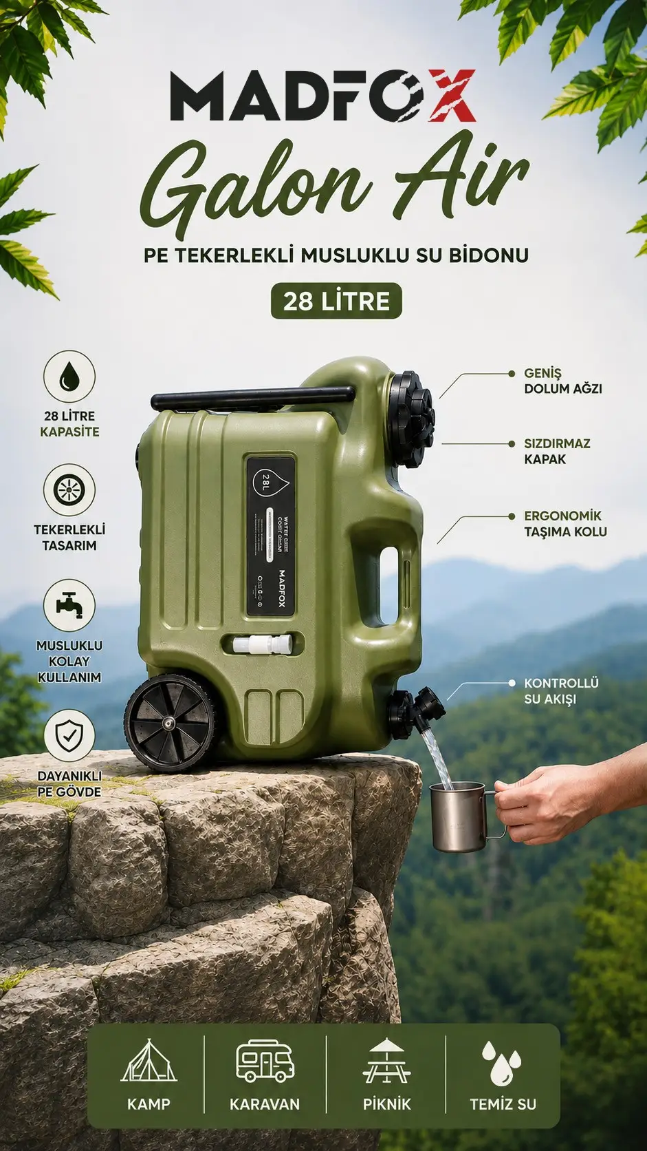 Madfox Galon Air PE Tekerlekli Musluklu Su Bidonu 28 Litre - GREEN